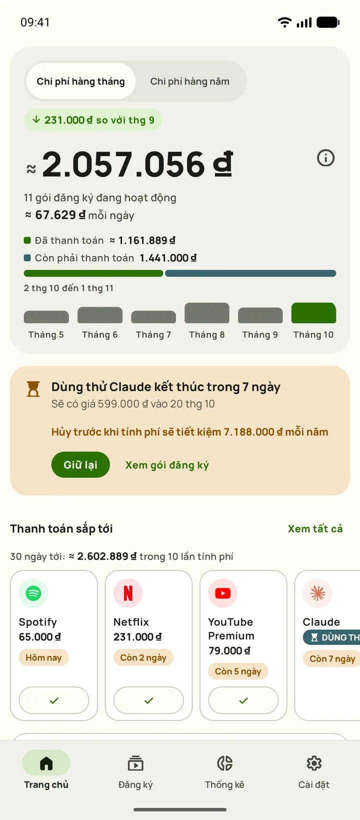 Trang chủ Subby trên Android: tổng tháng này $165.35, $5.44 mỗi ngày, số đã thanh toán và còn phải thanh toán, một thẻ gói dùng thử và các khoản thanh toán sắp tới