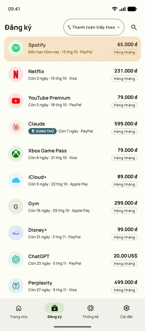 Tab Đăng ký của Subby trên Android, xếp theo lần thanh toán kế tiếp: Spotify đến hạn hôm nay, rồi Netflix, YouTube Premium và một gói dùng thử miễn phí, mỗi gói kèm giá và chu kỳ