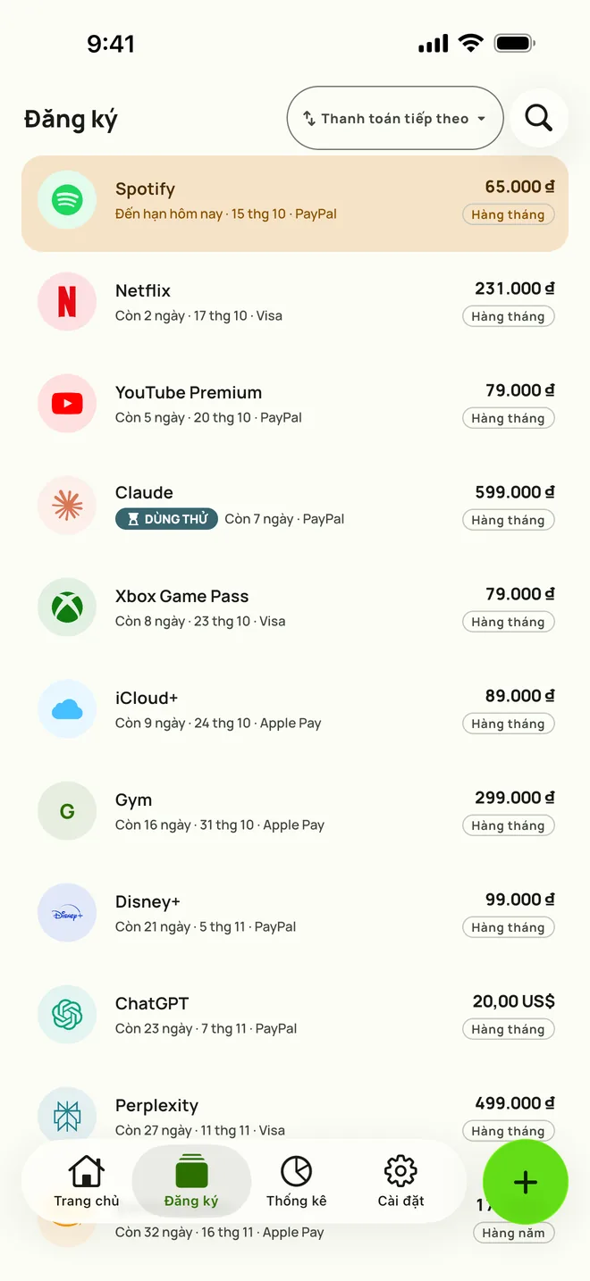 Tab Đăng ký của Subby trên iPhone, xếp theo lần thanh toán kế tiếp: Spotify đến hạn hôm nay, rồi Netflix, YouTube Premium và một gói dùng thử miễn phí, mỗi gói kèm giá và chu kỳ