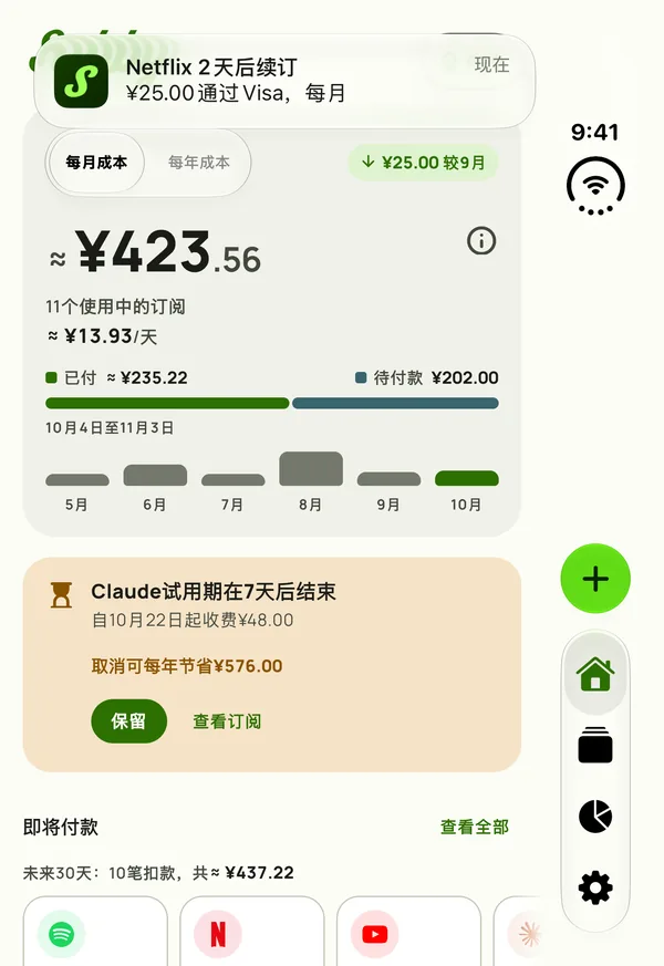 Subby在合上的iPhone Duo外屏上的一条提醒:Netflix 2天后续订,Visa卡扣款$15.49,每月一次