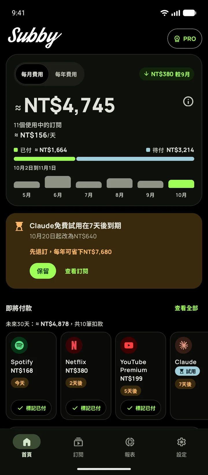 Subby首頁純黑深色主題,顯示月度總額、一張七天後到期的免費試用卡片,以及下次的付款,Android版