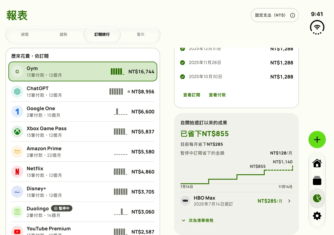 Subby報表的成果畫面在展開的iPhone Duo上:退訂和暫停省下的金額,總計橫跨兩個面板