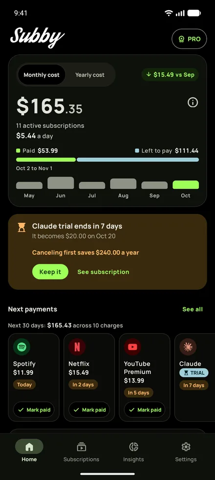 Subby Home in the true-black dark theme