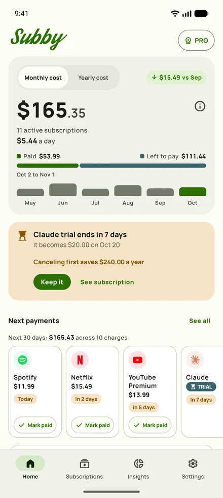 Subby Home with this month’s total, what is left to pay and the next payments