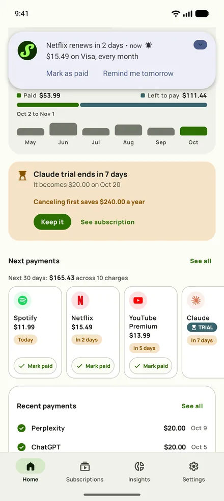 A Subby reminder notification about an upcoming charge