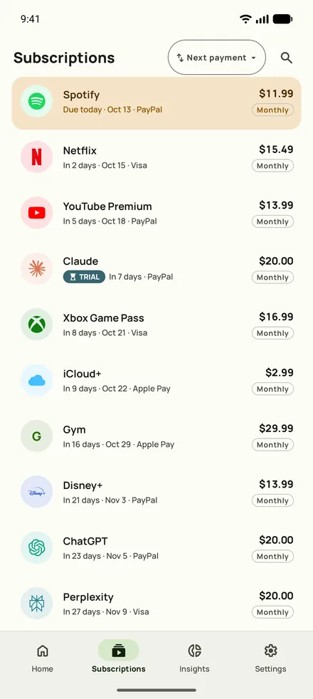 The Subby subscriptions list, each with its logo, next charge date and price