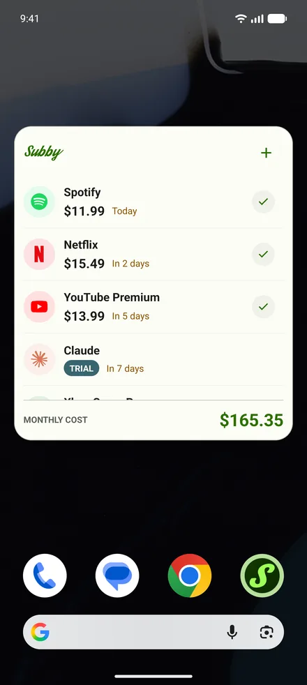 The Subby widget on the home screen, with the next payments and the monthly cost of all your subscriptions