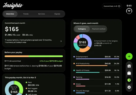 Subby Insights in the dark theme: the monthly spend broken down by category