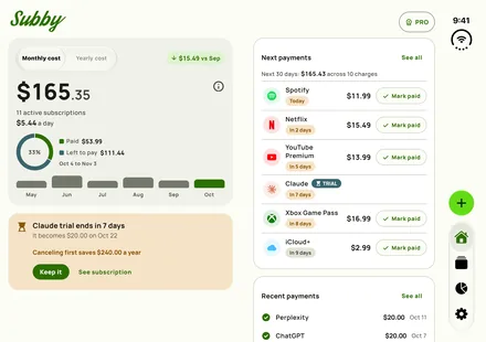 Subby Home with this month’s total, what is left to pay and the next payments