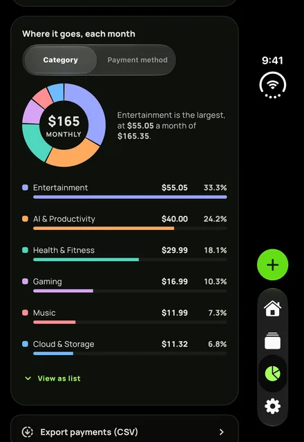 Subby Insights in the dark theme: the monthly spend broken down by category