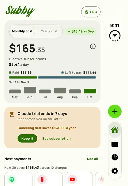 Subby Home with this month’s total, what is left to pay and the next payments