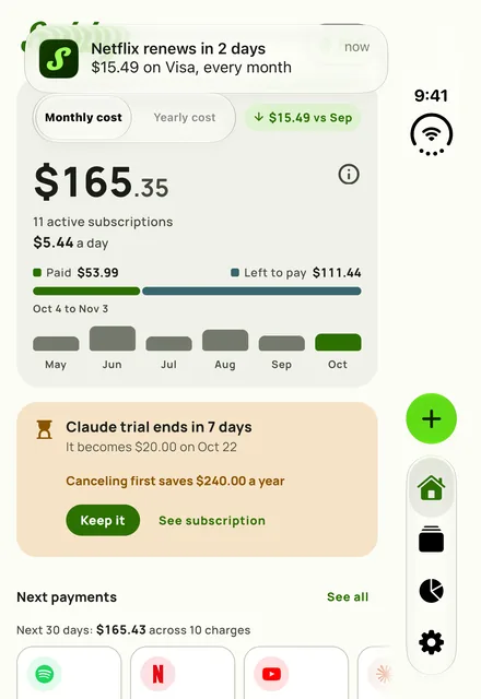 A Subby reminder notification about an upcoming charge