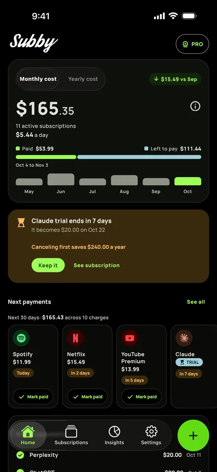 Subby Home in the true-black dark theme