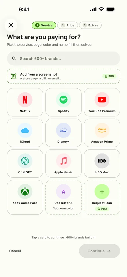 Adding a subscription in Subby: search the 600+ brands or pick one from the grid