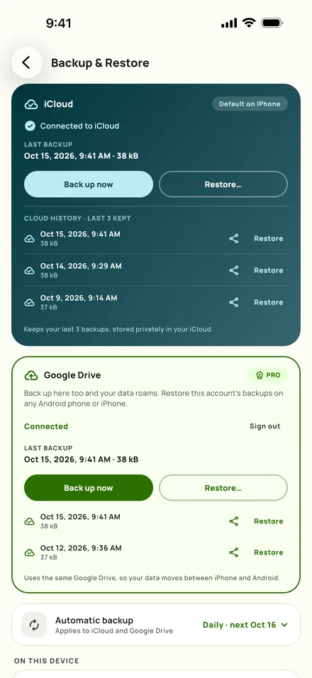 Subby’s backup and restore screen, with backup to the cloud