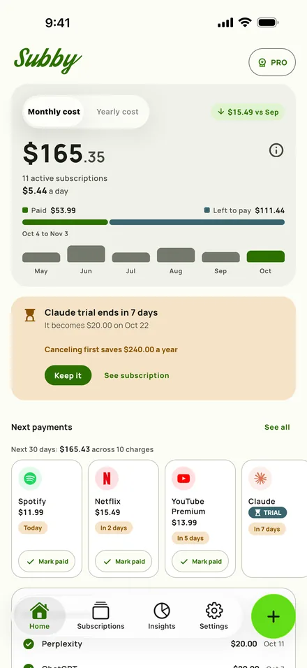 Subby Home with this month’s total, what is left to pay and the next payments