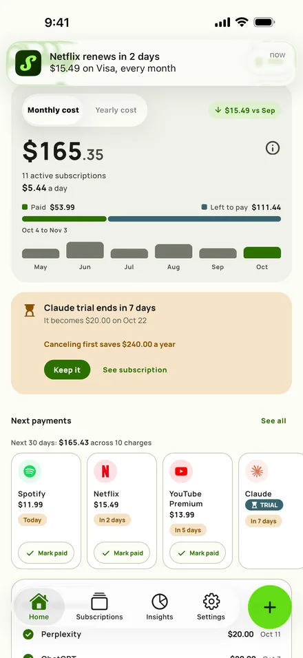 A Subby reminder notification about an upcoming charge